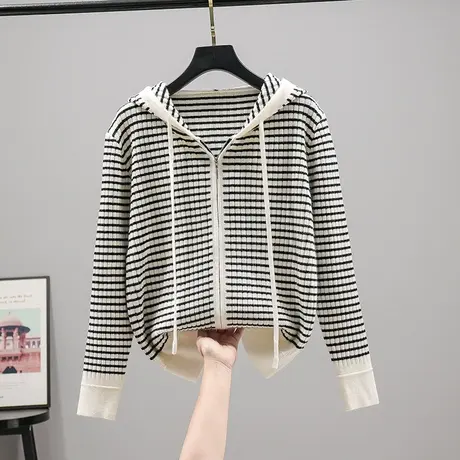 2023春秋新款韩版宽松条纹连帽衫女士上衣拉链针织衫开衫外套上衣商品大图