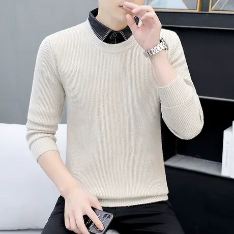 秋冬季加厚纯色毛衣男士潮流百搭休闲假两件套针织衫衬衫领线衣服商品大图