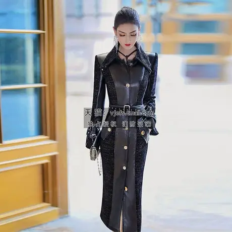 VJE欧美风设计感拼皮撞色修身风衣外套秋冬新款中长款过膝大衣商品大图