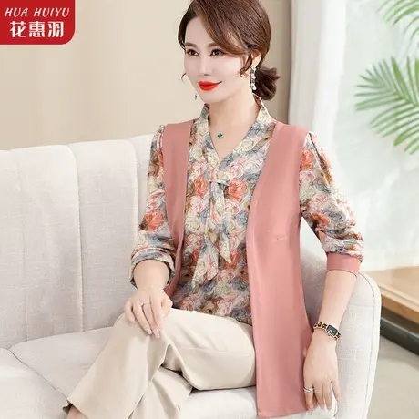 妈妈秋装假两件衣服中年妇女春秋长袖上衣2023新款中老年女装开衫商品大图