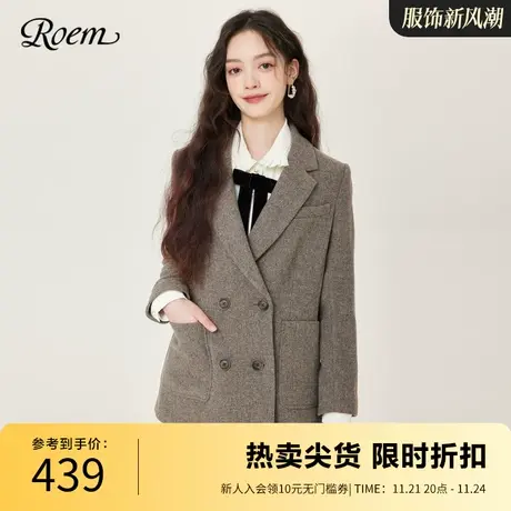 Roem春秋 新品商场同款复古格纹小个子优雅职业羊毛西装短外套女图片