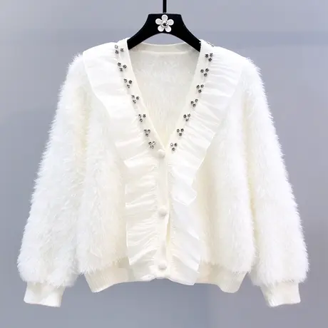 钉珠镶钻荷叶边V领毛衣外套女秋冬2023年新款宽松设计感针织开衫商品大图