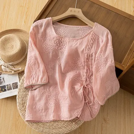 享永子中袖苎麻上衣女重工刺绣高级感文艺复古棉麻小衫2024新款夏商品大图