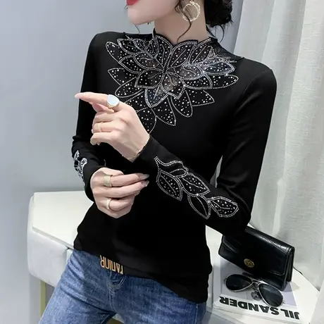 加绒保暖打底衫女秋冬洋气设计感重工烫钻上衣网纱拼接长袖T恤潮图片