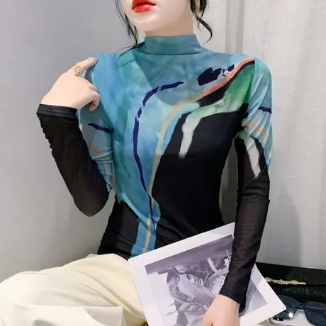 气质减龄半高领T恤女长袖加绒加厚扎染印花上衣洋气修身打底衫潮商品大图