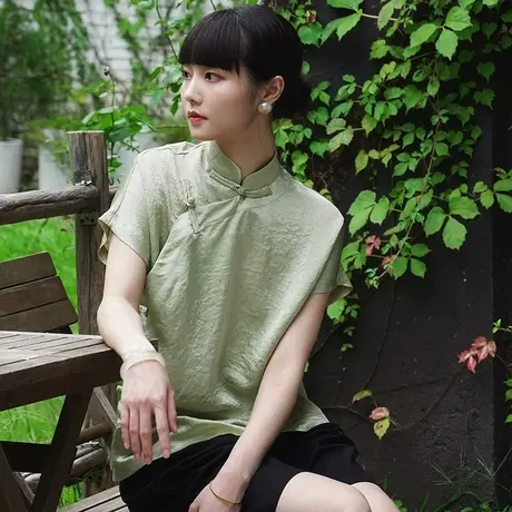 绿色衬衫新中式女装2023秋季民国风改良汉服上衣高端立领醋酸衬衣商品大图