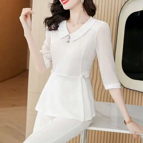 收腰雪纺衫夏季2023年新款洋气漂亮白色衬衣女七分袖设计感小衫女商品大图