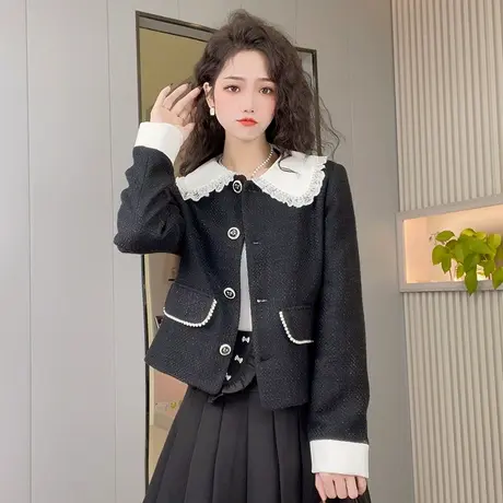 法式甜美小香风娃娃领黑色短款外套女秋冬气质名媛高腰小个子上衣图片