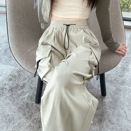 美式工装裤女秋冬新款高腰显瘦宽松休闲直筒阔腿束脚运动灯笼裤子商品大图