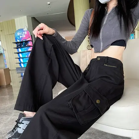 黑色工装牛仔裤女秋冬新款高腰直筒宽松显瘦ins美式拖地阔腿长裤图片