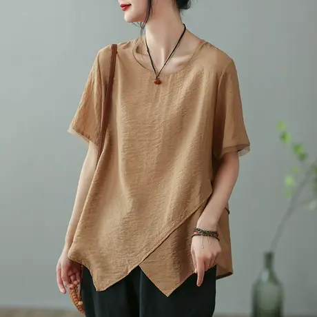 dza复古不规则开叉短袖T恤女2023夏薄款打底体恤宽松显瘦套头上衣商品大图