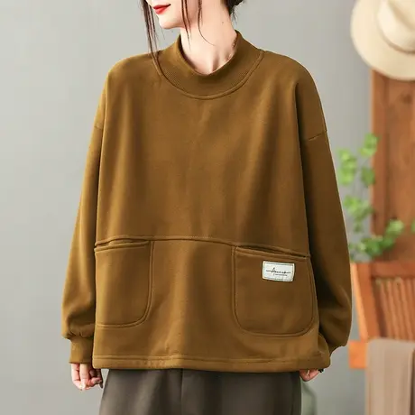 dza 复古短款口袋加绒卫衣外套女秋冬半高圆领长袖上衣内搭打底衫图片