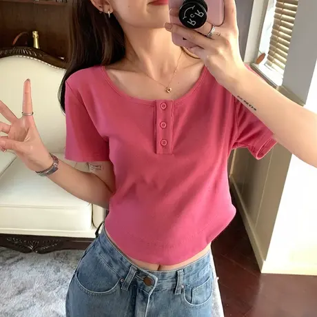 纯欲甜辣妹u领正肩短袖t恤女夏季设计感小众修身紧身显瘦短款上衣商品大图