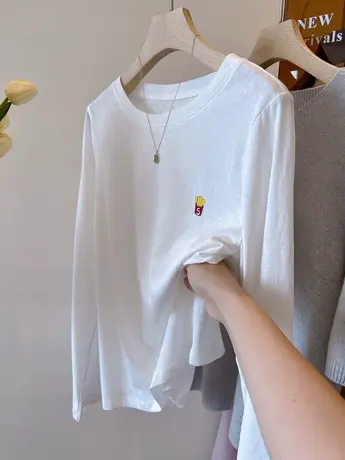 自留推荐！韩版胸前薯条刺绣软软雪花棉叠穿打底衫长袖T恤 上衣女图片