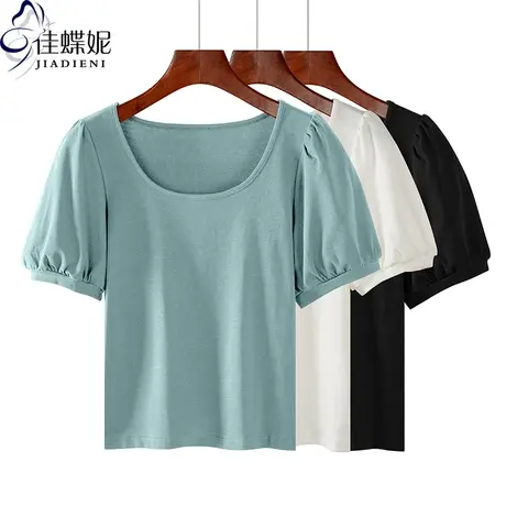夏新款韩版纯棉圆领修身显瘦短款泡泡袖短袖体恤上衣内搭打底衫女商品大图