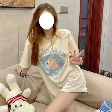 韩风chic上衣奶系oversize大码t恤女ins潮温柔慵懒风减龄短袖洋气图片