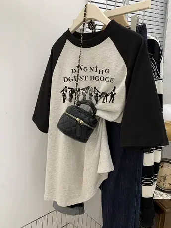 美式街头风t恤闺蜜装ins潮纯棉大码胖mm宽松显瘦插肩袖短袖上衣夏商品大图