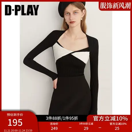 DPLAY冬法式复古黑拼白撞色蝴蝶结纽结修身长袖针织套头毛衣图片