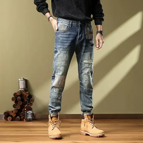 男款修身小脚高档牛仔裤男士时尚百搭牛仔裤美式高街潮流牛仔裤商品大图