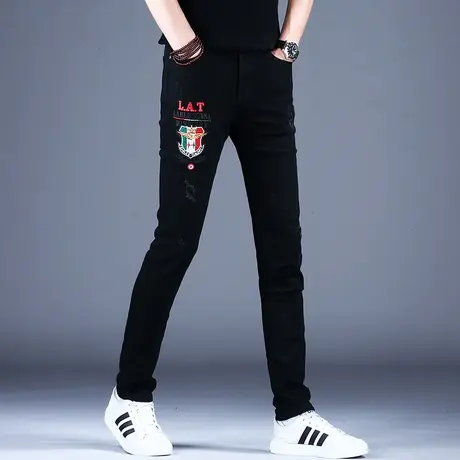 2023男士秋冬牛仔裤子黑色时尚刺绣修身精致破洞小脚裤棉弹潮牌男商品大图