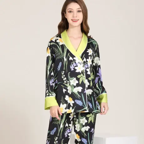 睡衣女春夏秋季冰丝薄款长袖长裤真丝绸中国风家居服夏季大码套装商品大图