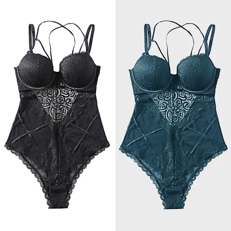 欧美性感蕾丝绑带连体内衣女美背胸罩微塑身收副乳聚拢文胸商品大图