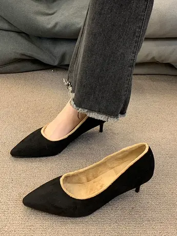 高跟鞋女细跟2023年新款秋季黑色绒面尖头职业气质通勤低跟工作鞋图片