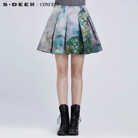 sdeer圣迪奥2018秋女装氤氲印花挺括A廓半身裙S16381359图片