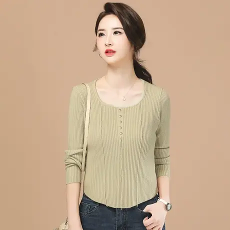 韩潮袭人短款方领针织衫女2024春新款长袖宽松打底衫毛衣内搭薄商品大图