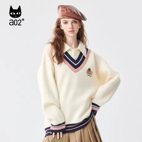【呼呼严选专享】a02学院风假两件针织衫女2023秋百搭减龄毛衣图片