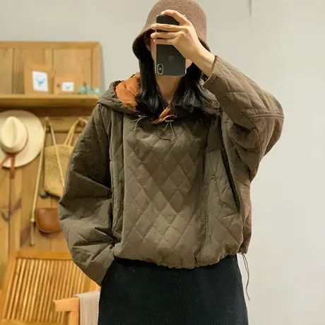 dza 复古短款加厚菱格套头连帽棉衣女冬保暖双侧口袋上衣宽松棉服商品大图