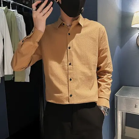 高级感ins衬衫潮流韩版修身发型师长袖衬衣痞帅男纯色暗条纹上衣图片