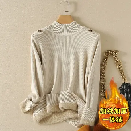 一体绒半高领毛衣女2023年秋冬新款加绒加厚宽松内搭针织打底衫女商品大图