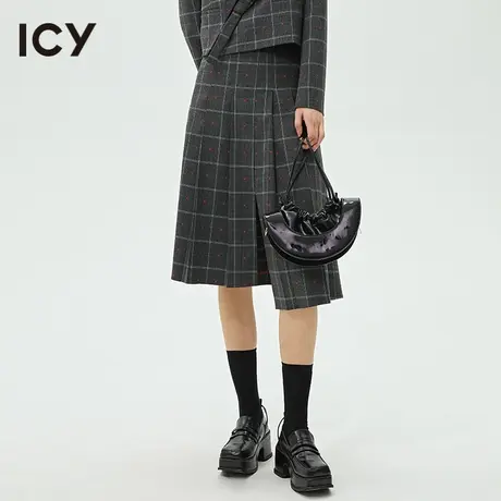 icy春秋新款复古不对称百褶格纹爱心刺绣A字短半身裙女图片