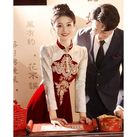 旗袍敬酒服2023新款新娘高级感中式订婚裙礼服秋冬季秀禾服出阁宴图片