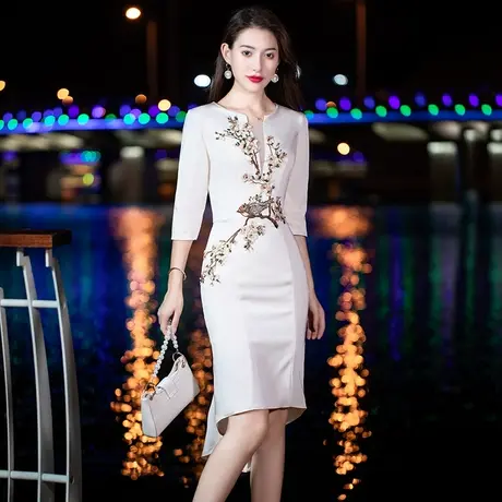 香槟色小礼服平时可穿夏季小个子长袖气质宴会年会晚礼服连衣裙女图片