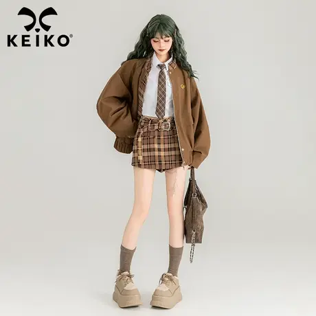 KEIKO 美式复古拼接宽松外套女2024春季美拉德穿搭咖色夹克棒球服图片