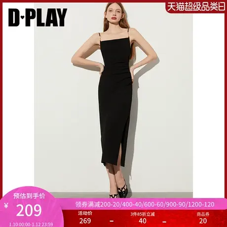 DPLAY春名媛黑色方领肩带金属链条装饰腰部侧捏褶重磅弹力连衣裙图片