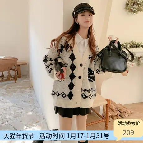 othermix甜美学院风V领毛衣外套女2024春季新款宽松针织开衫上衣图片