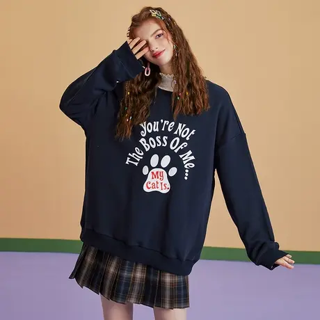 A02保暖加绒女式卫衣冬装款复古减龄百搭款圆领上衣商品大图