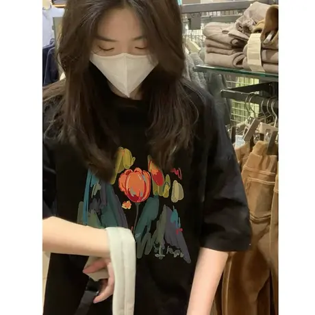 纯棉短袖t恤女郁金香印花复古美式夏季oversize设计感小众上衣ins图片
