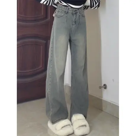 美式复古直筒牛仔裤女秋季薄款小众设计感休闲高腰显瘦窄版阔腿裤商品大图