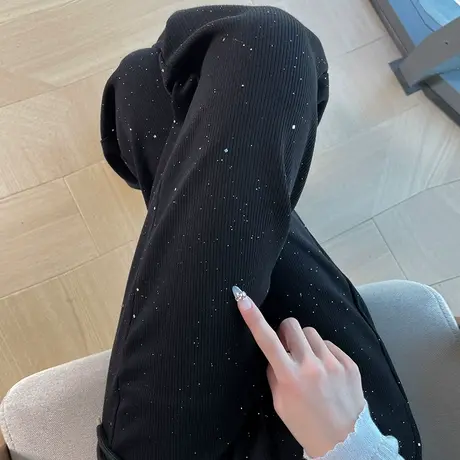 黑色闪片针织抽绳阔腿裤女春秋运动裤高腰显瘦垂感直筒休闲卫裤子图片