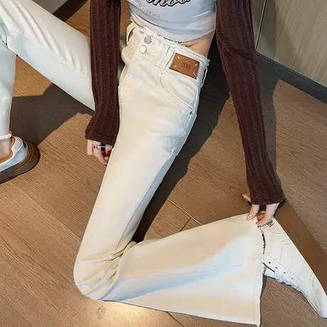 毛边微喇牛仔裤女春秋2024年新款高腰显瘦加长高个子白色喇叭裤子商品大图