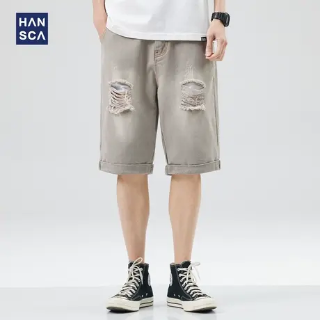 hansca破洞牛仔短裤男夏季美式潮牌宽松直筒痞帅休闲大码五分裤子商品大图