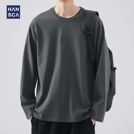 hansca 重磅纯棉长袖t恤男春季美式潮牌圆领宽松休闲印花内搭上衣商品大图