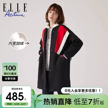 ELLE Active2023秋冬款中长款加绒外套女加厚保暖运动黑色大衣图片