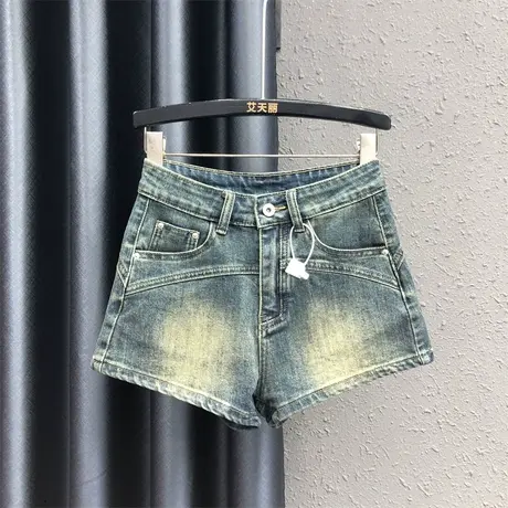 2024春夏新款韩版重工磨白设计感气质高腰阔腿裤休闲牛仔短裤热裤图片