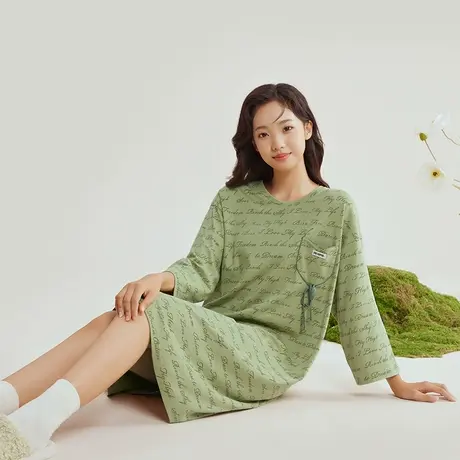 芬腾睡裙女士春季纯棉长袖睡衣裙少女休闲宽松大码全棉家居服中裙图片