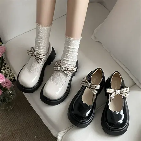 法式玛丽珍鞋女2024年春夏季新款蝴蝶结浅口单鞋配裙子高跟小皮鞋商品大图